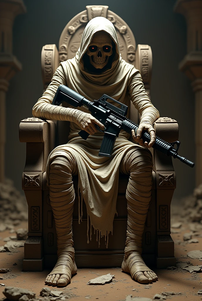 Realistic mummy,holding m416 sitting on his throne behind livik