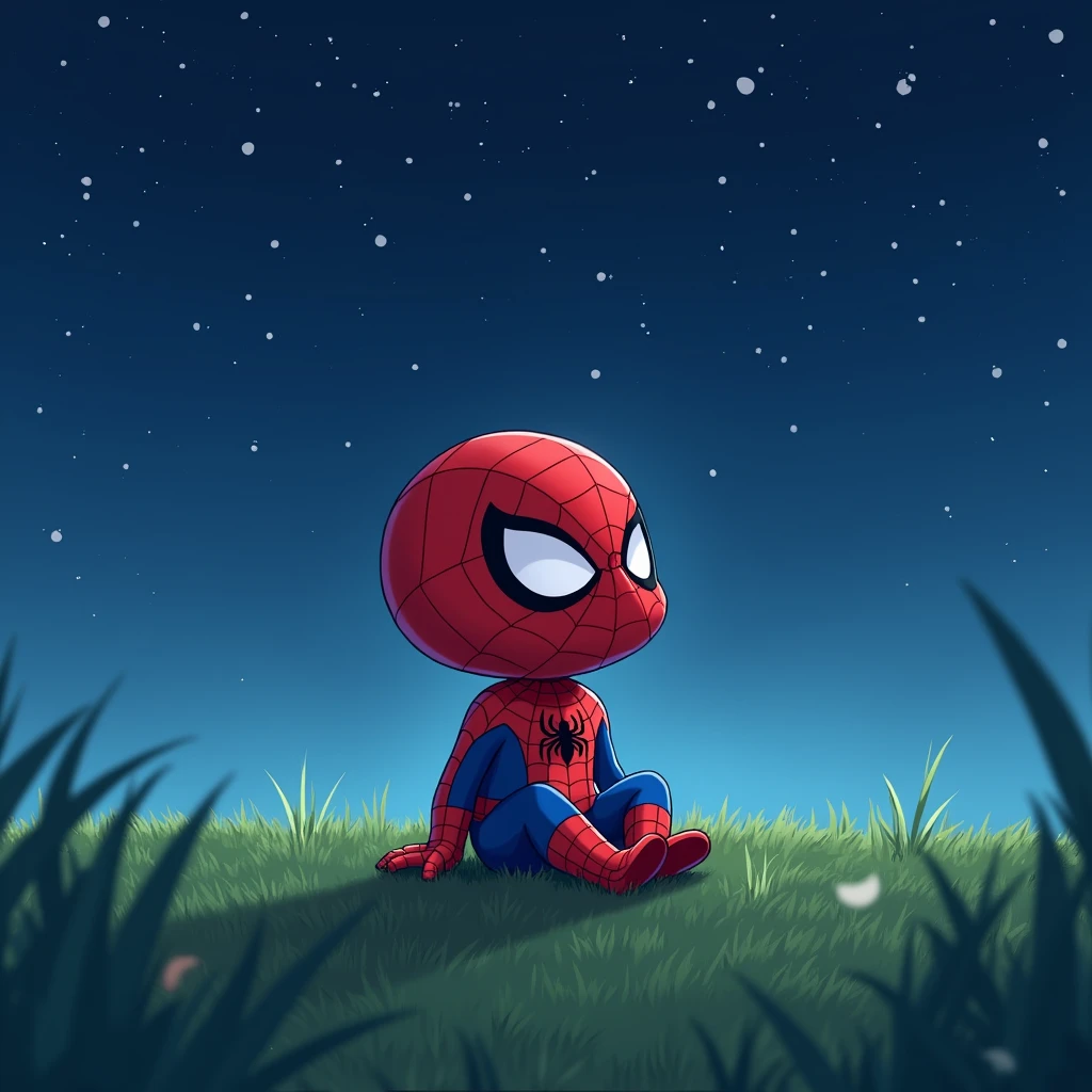 (drawing) (anime) (Spiderman) (cute) (chibi) sitting on a lawn, at night, Looking at the sky, crossed legs,