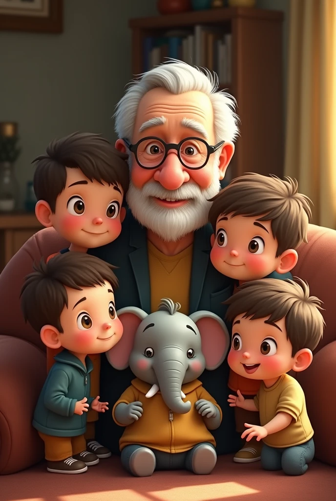 Grandpaa who is wearing specs along with 4 children (3 boys and 1 girl with elephant face)