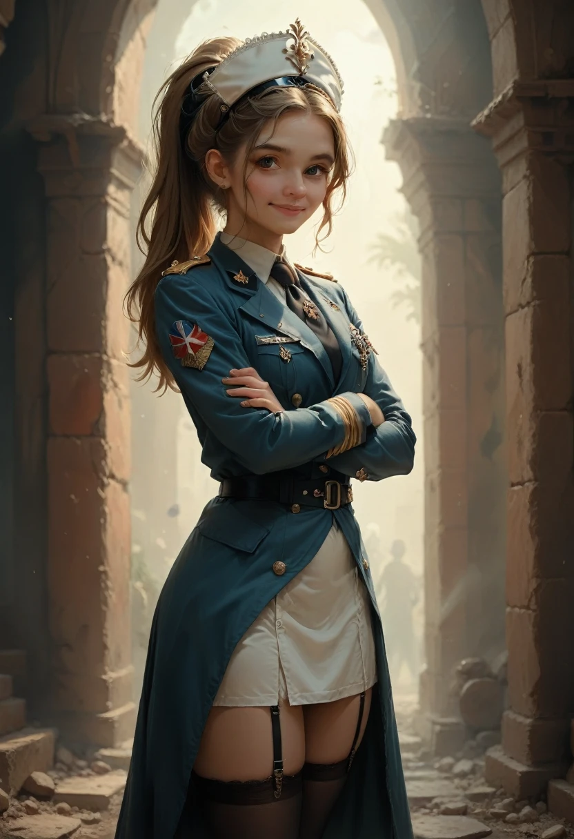 (masterpiece, Best quality:1.2), cowboy shot, One, 1 girl, Alicia Melchiotte, smile, I look at the viewer, crossed arms, ponytail, Headdress, military uniform, tie, thigh high