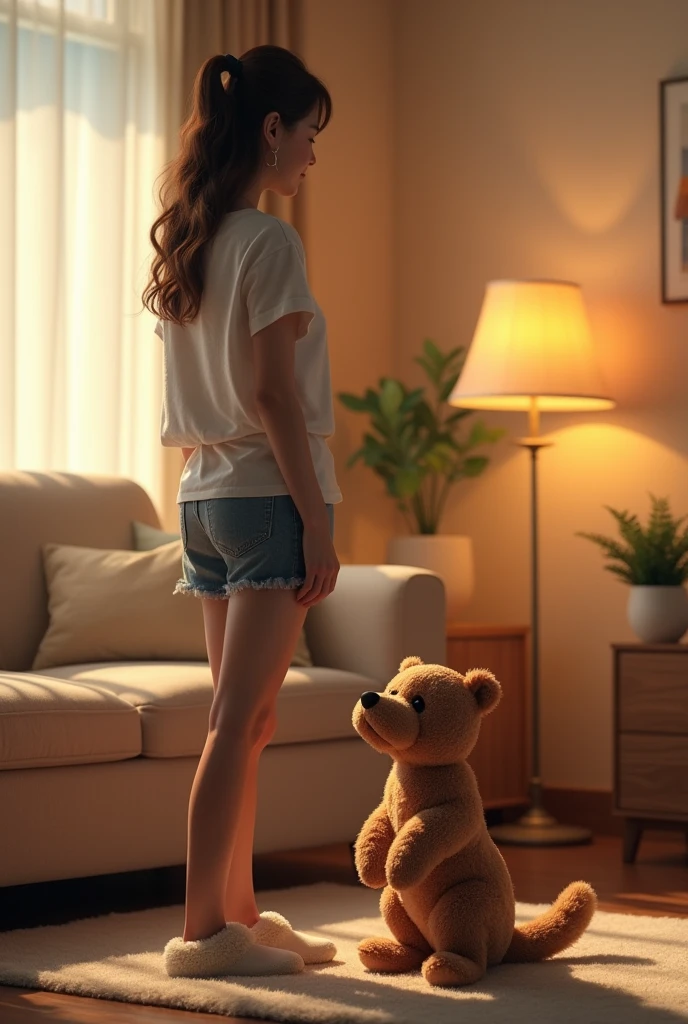 A woman wearing slippers is standing in the living room with a Teddy dog next to her