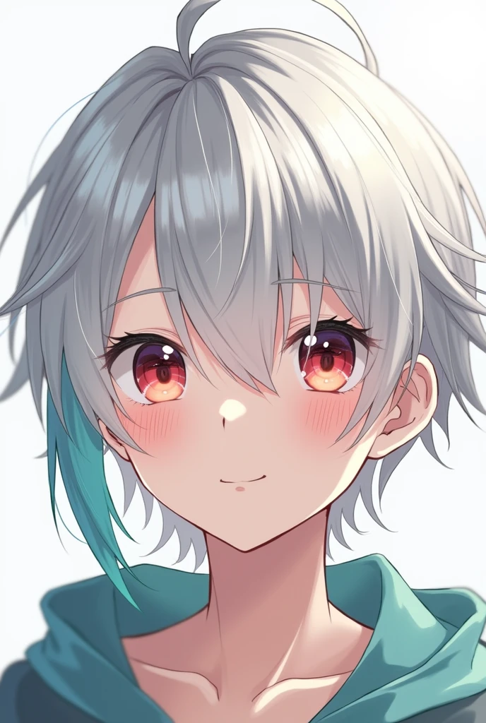 anime style young man, light skinned. Medium long hairstyle with short bangs. Silver color on the right side and Cyan hair color on the left. Red eyes and playful face.