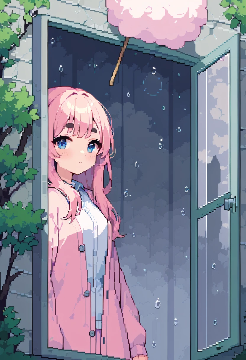 (((Highest quality, 8k, masterpiece: 1.3)), Beautiful pixel art, \One Woman, Pink Hair, Long Hair, Cotton candy hair, Fluffy hair, Thick eyebrows, Pink dress, Light blue cardigan, Looking out the closed window, Water droplets on the window, A face is reflected in the window glass:1.3, Rainy Sky, Overcast sky, Strong winds:1.5, The leaves are waiting:1.3, Trees, The tree is leaning at an angle due to the wind:1.4, typhoon, Prairie House\