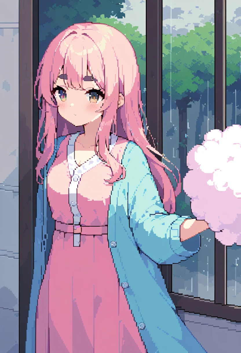 (((Highest quality, 8k, masterpiece: 1.3)), Beautiful pixel art, \One Woman, Pink Hair, Long Hair, Cotton candy hair, Fluffy hair, Thick eyebrows, Pink dress, Light blue cardigan, Looking out the closed window, Water droplets on the window, A face is reflected in the window glass:1.3, Rainy Sky, Overcast sky, Strong winds:1.5, The leaves are waiting:1.3, Trees, The tree is leaning at an angle due to the wind:1.4, typhoon, Prairie House\