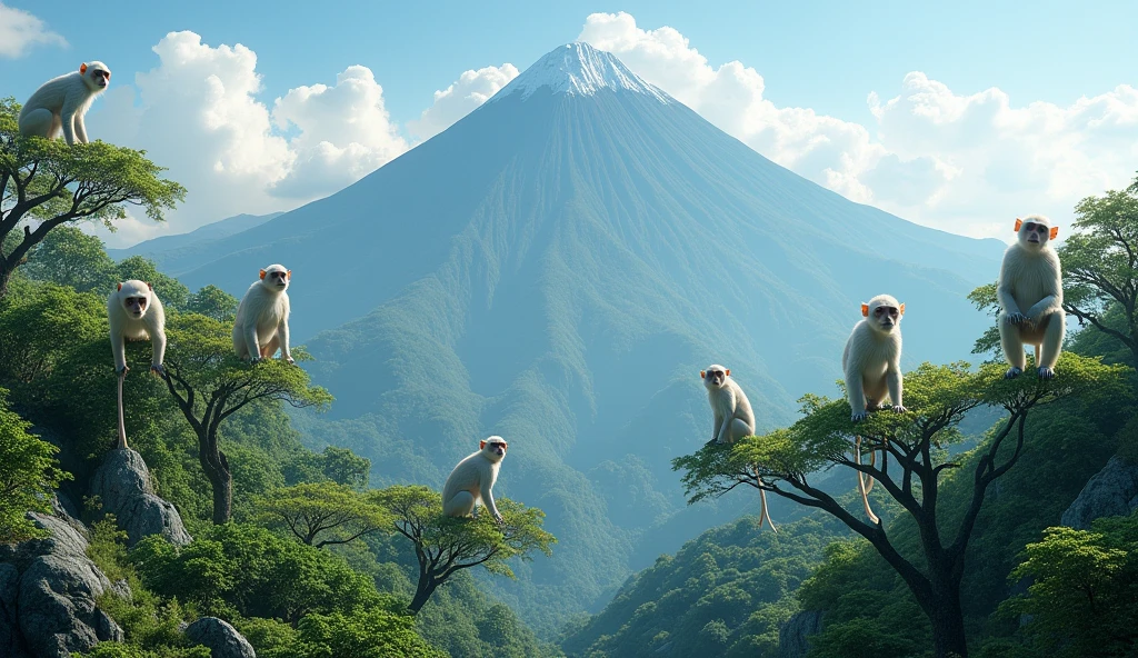 Panoramic front view，There is a mountain with many ash trees.，There are many white monkeys on the ash tree（best quality，4K，8k，High level，masterpiece：1.2），Ultra Detailed，（lifelike，Photo real，Photo real：1.37）