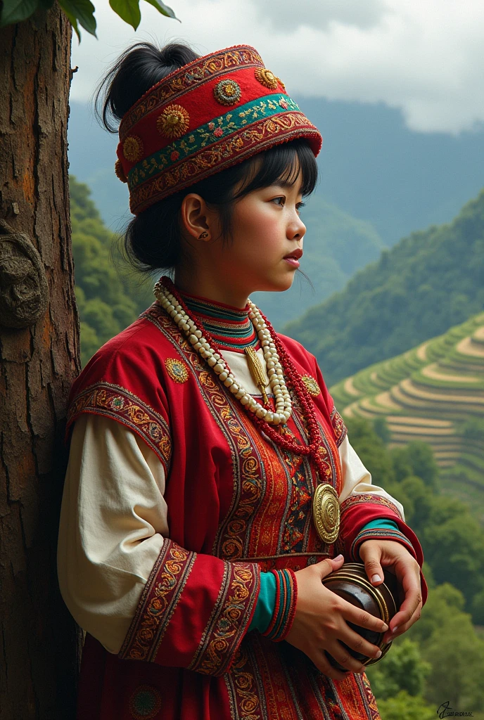 Creat a portrait of the traditional clothing's, cultural practices of Benguet, Philippines/ CAR Cordillera Region. Show the land scape the Solibaw and Gansa. No human