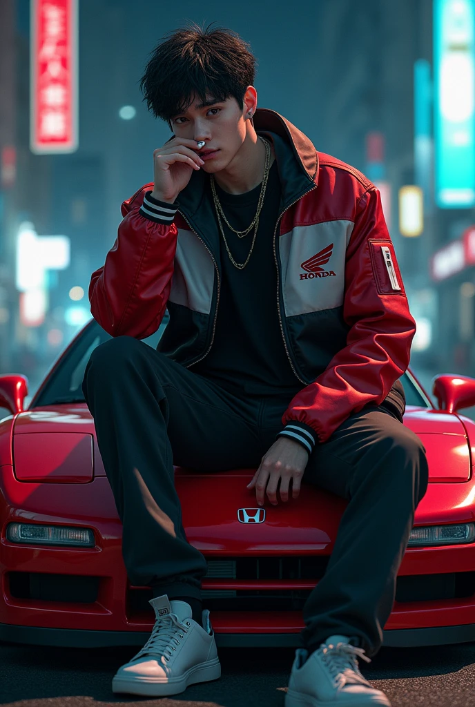 a boy sitting on a car HONDA NSX R, with name NICHI on jacket, smoking, realistic artstyle, realism artstyle, e - boy, e-boy, realistic art style, striking detailed artstyle, photorealistic artstyle, photorealistic!!!!!!! art style, [ 4 k digital art ]!!, dark but detailed digital art