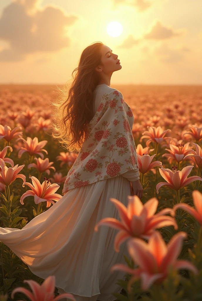 woman with Long hair, wearing long skirt, floral blanket in a field of Lily 'Stargazer' flowers, warm sun.
