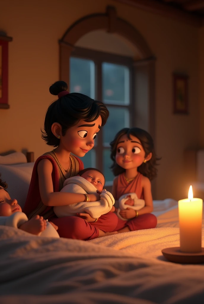 Create cinematic 3d cartoon style images "Exchange of Babies: In a rustic home in Gokul, Nanda and Yashoda are sleeping peacefully as Vasudeva swaps Krishna with their newborn daughter, Yogmaya. The scene is gentle and serene, with soft lighting illuminating baby Krishna."