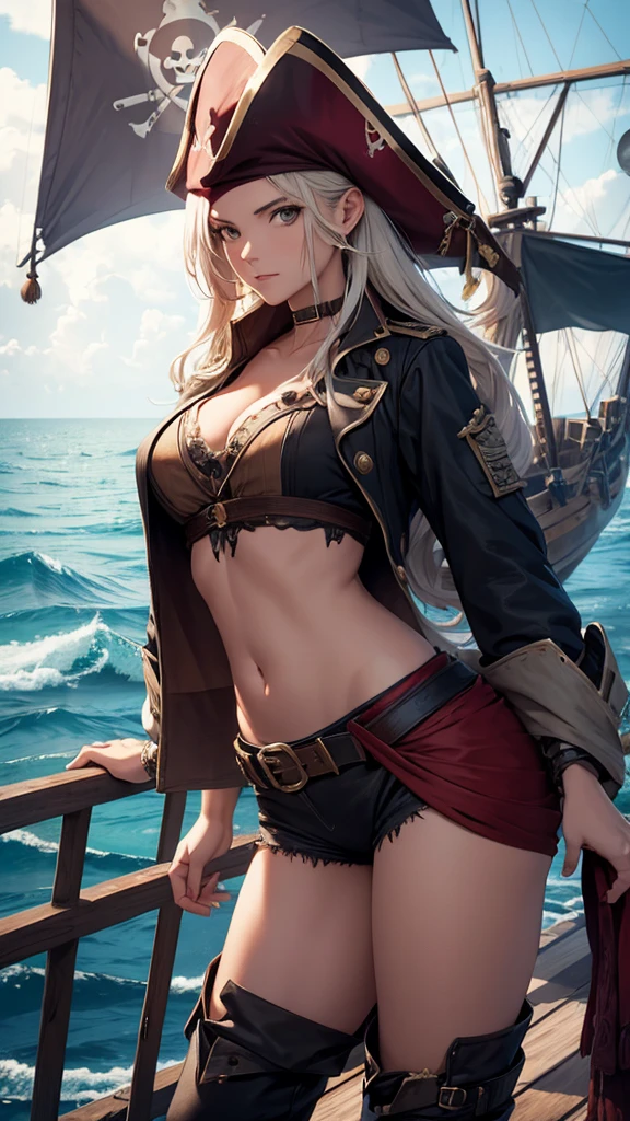 A female pirate in torn clothes stands on a pirate ship in the middle of the ocean, high resolution images 4K,Ultra quality, shadow light