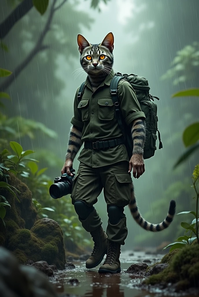 Gray tabby cat The body is a man.  Has a third eye in the middle of his forehead and wears military-style clothes. Dark green shirt, carrying a backpack, camera in hand. The background is a rain forest while it is raining.