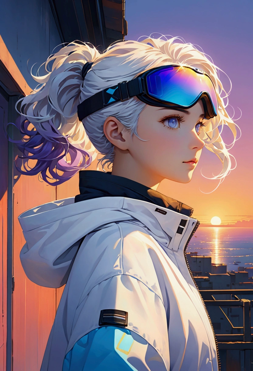 masterpiece, Best image quality, Extremely vivid, Anime girl with curly ponytail, 娇small身材, White functional coat, small, Blue-purple gradient ski goggles, Cyberpunk, White hair, Natural casual style, Dynamic posture, Golden Section, Large aperture portrait, Cool colors, Strong visual impact, White space, Light and shadow contrast, Super texture, Sunset afterglow, Ultra-clear pictures, Simple pictures