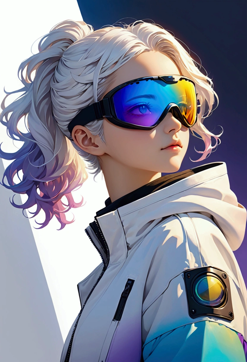 masterpiece, Best image quality, Extremely vivid, Anime girl with curly ponytail, 娇small身材, White functional coat, small, Blue-purple gradient ski goggles, Cyberpunk, White hair, Natural casual style, Dynamic posture, Golden Section, Large aperture portrait, Cool colors, Strong visual impact, White space, Light and shadow contrast, Super texture, Sunset afterglow, Ultra-clear pictures, Simple pictures