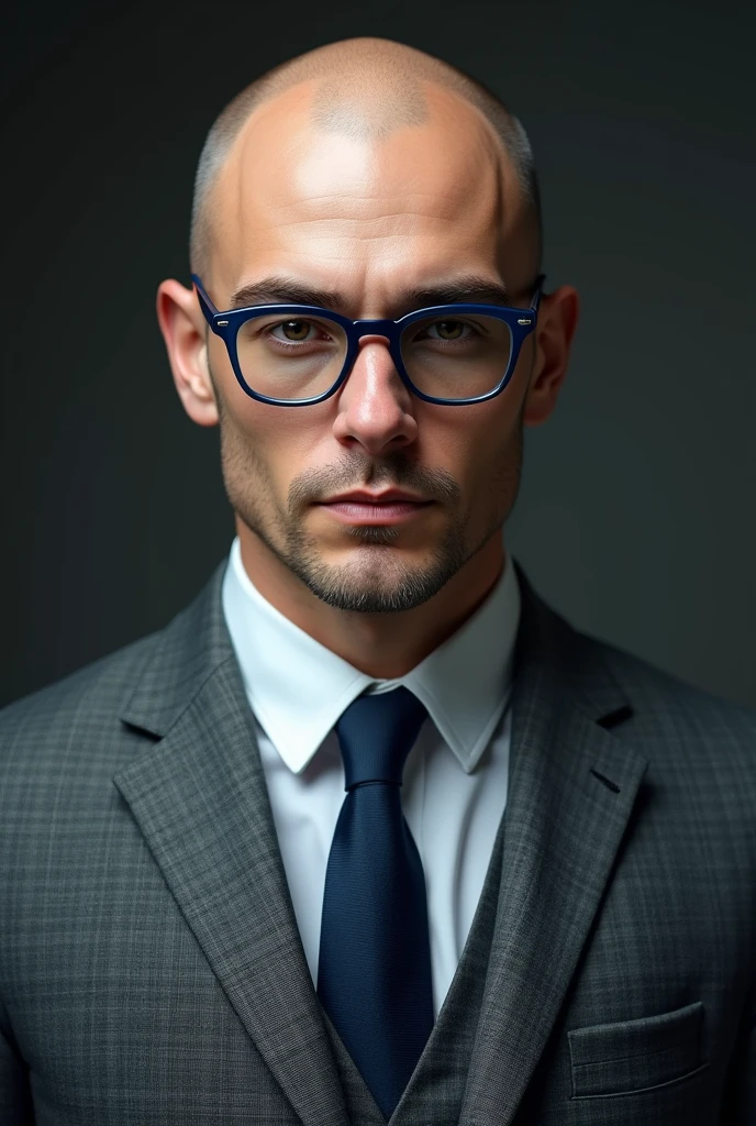 Young bald white man with crystal blue glasses and brown lenses and wearing a grey wool woven suit and a dark blue tie