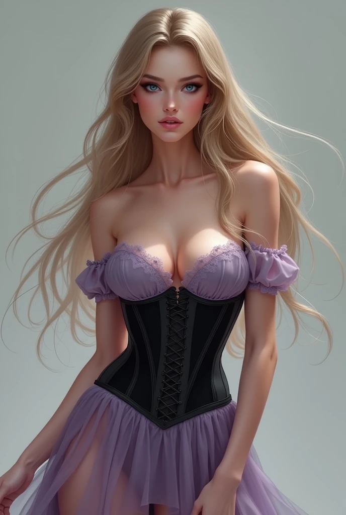 Beautiful slim girl with big breasts. In a lilac dress and a black corset. Dziewczyna ma długie bardzo długie bląd włosy i błękitne oczy. Dziewczyna jest nie za wysoka i szczupła