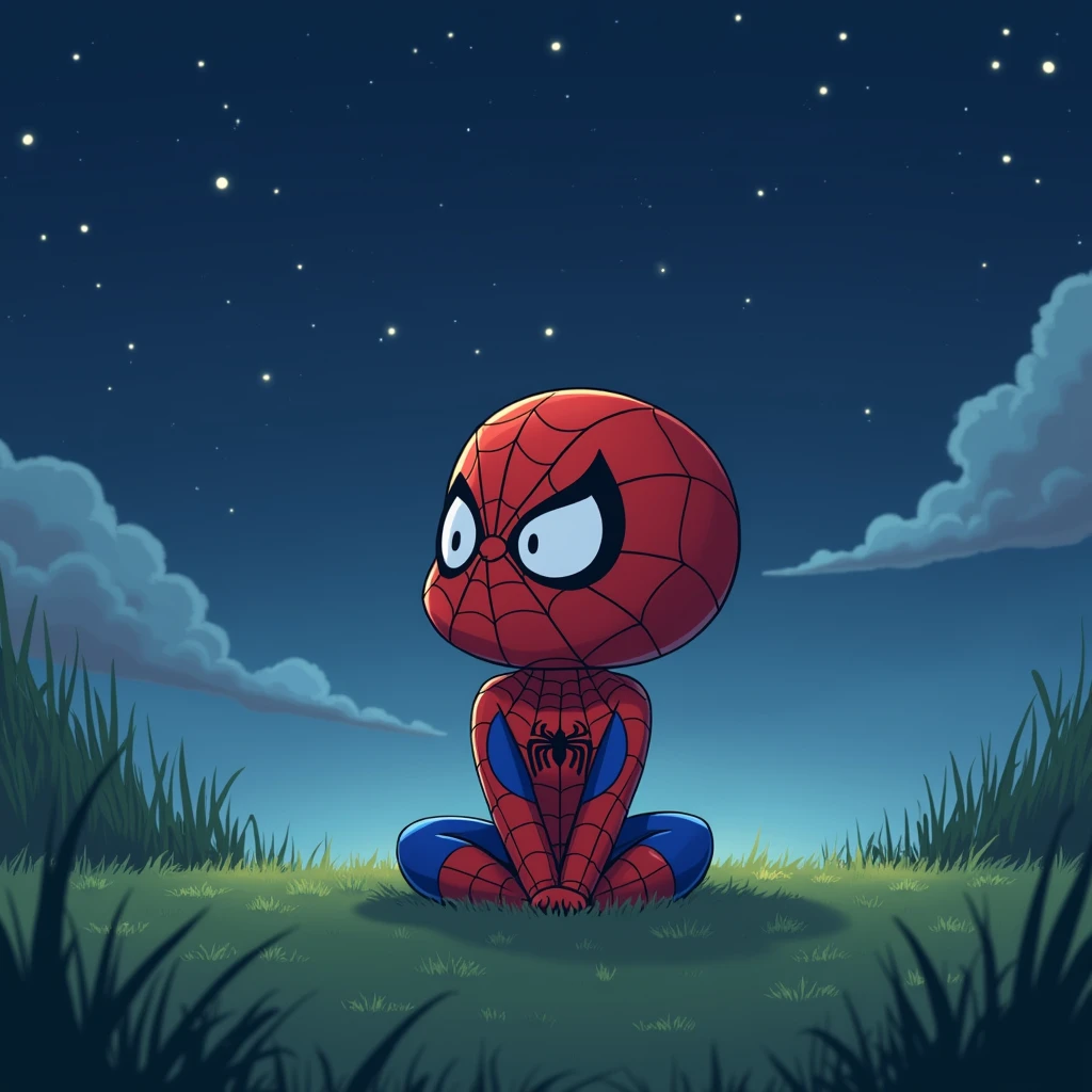 (drawing) (anime) (Spiderman) (cute) (chibi) sitting on a lawn, at night, Looking at the sky, crossed legs,