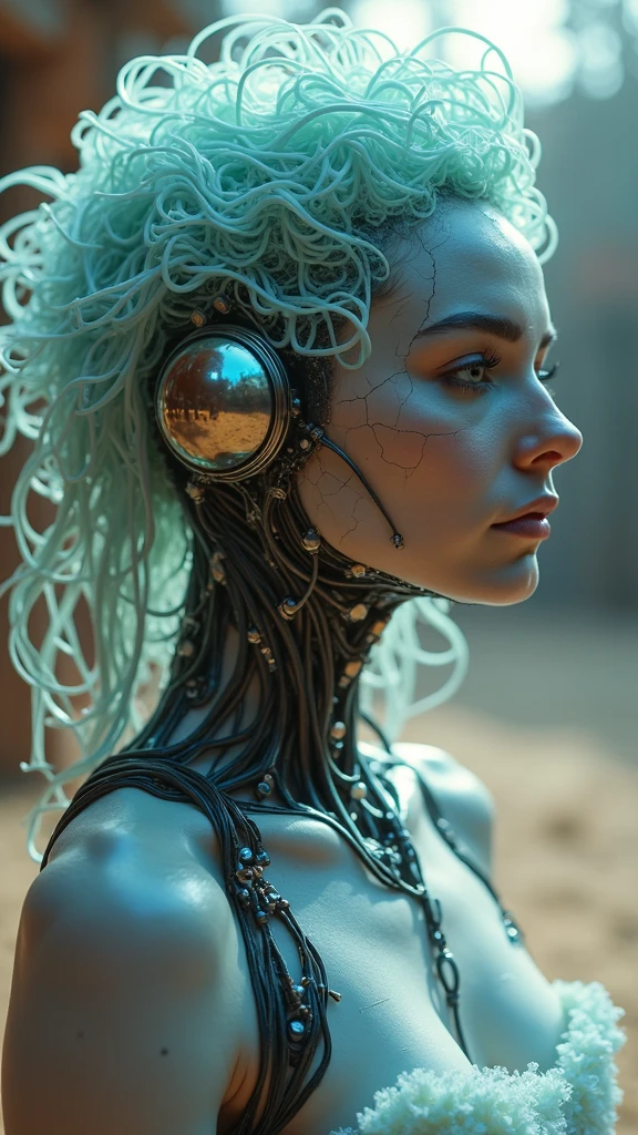 (Ethereal Cyborg Woman:1.4) , (bioluminescent jellyfish tiara:1.4) .( Steampunk goggles merge with translucent tentacles:1.4) . Cracked porcelain skin meets iridescent scales. (Mechanical implants and delicate tendrils intertwine:1.4) . Human characteristics with an otherworldly glow. (Dreamy aquatic tones contrast with aged metal:1.4) . Reflective eyes capture invisible worlds. Gentle bioluminescence meets a harsh desert landscape. (Fusion of organic and synthetic:1.4) , ancient and futuristic. Hyper-detailed textures, surreal atmosphere., high quality, (RAW photo, best quality), (realistic, photorealistic: 1.4), (extremely delicate and beautiful: 1.4), amazing, fine details, masterpiece, ultra detailed, high resolution, best illustration, best shadow, intricate, ( extremely intricate: 1.2), (exquisitely detailed skin), cinematic light, perfect anatomy, (cool color: 1.4), sharp focus, 8k UHD, DSLR, (Fujifilm XT3),(iluminación cinematográfica :1.4)