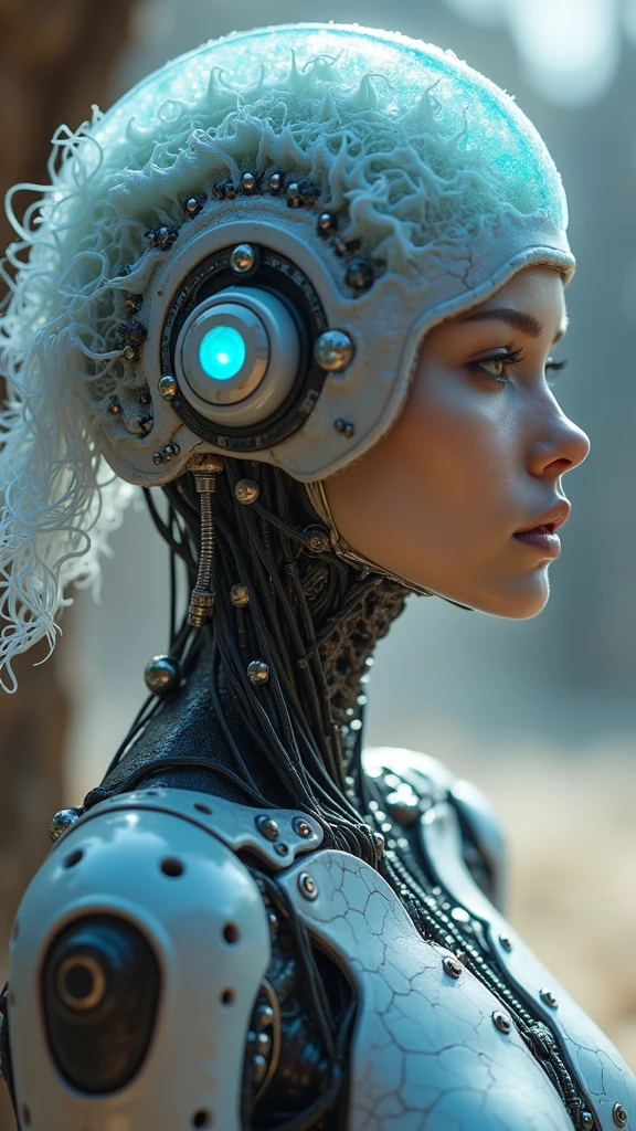 (Ethereal Cyborg Woman:1.4) , (bioluminescent jellyfish tiara:1.4) .( Steampunk goggles merge with translucent tentacles:1.4) . Cracked porcelain skin meets iridescent scales. (Mechanical implants and delicate tendrils intertwine:1.4) . Human characteristics with an otherworldly glow. (Dreamy aquatic tones contrast with aged metal:1.4) . Reflective eyes capture invisible worlds. Gentle bioluminescence meets a harsh desert landscape. (Fusion of organic and synthetic:1.4) , ancient and futuristic. Hyper-detailed textures, surreal atmosphere., high quality, (RAW photo, best quality), (realistic, photorealistic: 1.4), (extremely delicate and beautiful: 1.4), amazing, fine details, masterpiece, ultra detailed, high resolution, best illustration, best shadow, intricate, ( extremely intricate: 1.2), (exquisitely detailed skin), cinematic light, perfect ???????, (cool color: 1.4), sharp focus, 8k UHD, DSLR, (Fujifilm XT3),(iluminación cinematográfica :1.4) 