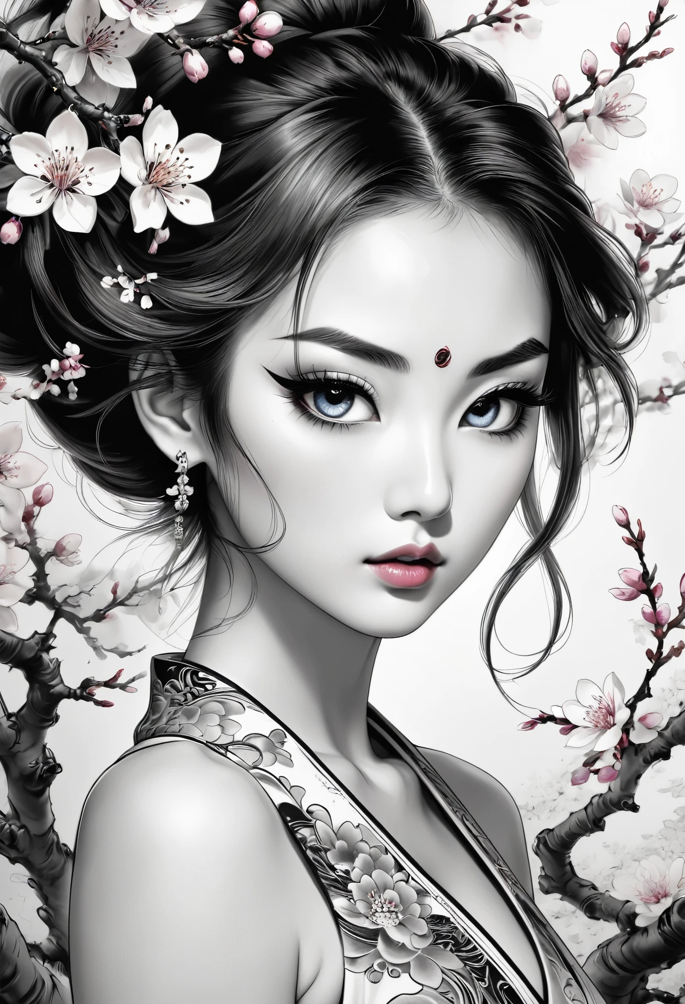 (best qualityer,4K,8k,high resolution,work of art:1.2),ultra detali,black andwhite,Ink Ink,Japanese tattoo,beautiful detailed eyes,beautiful detailed lips,extremely detailed eye and face,long eyelashes,fine line work,delicate shading,artistic composition,traditional style,feminine beauty,dynamic pose,elaborate standards,floaty cherry blossoms,Meaningful symbolism,graceful motion,subtle color details,Contrast and depth,soft lighting,impressive visual impact,vivid emotions,serene atmosphere,powerful expression,true-to-life portrayal,Sophisticated aesthetics,unique combination of tradition and modernity,authentic cultural representation