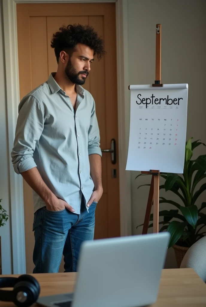 A man stands against the wall and looks at the calendar; the month on the calendar is September. There is a laptop and headphones on the table nearby. Home environment. The man is wearing a shirt and jeans. Realistic photo