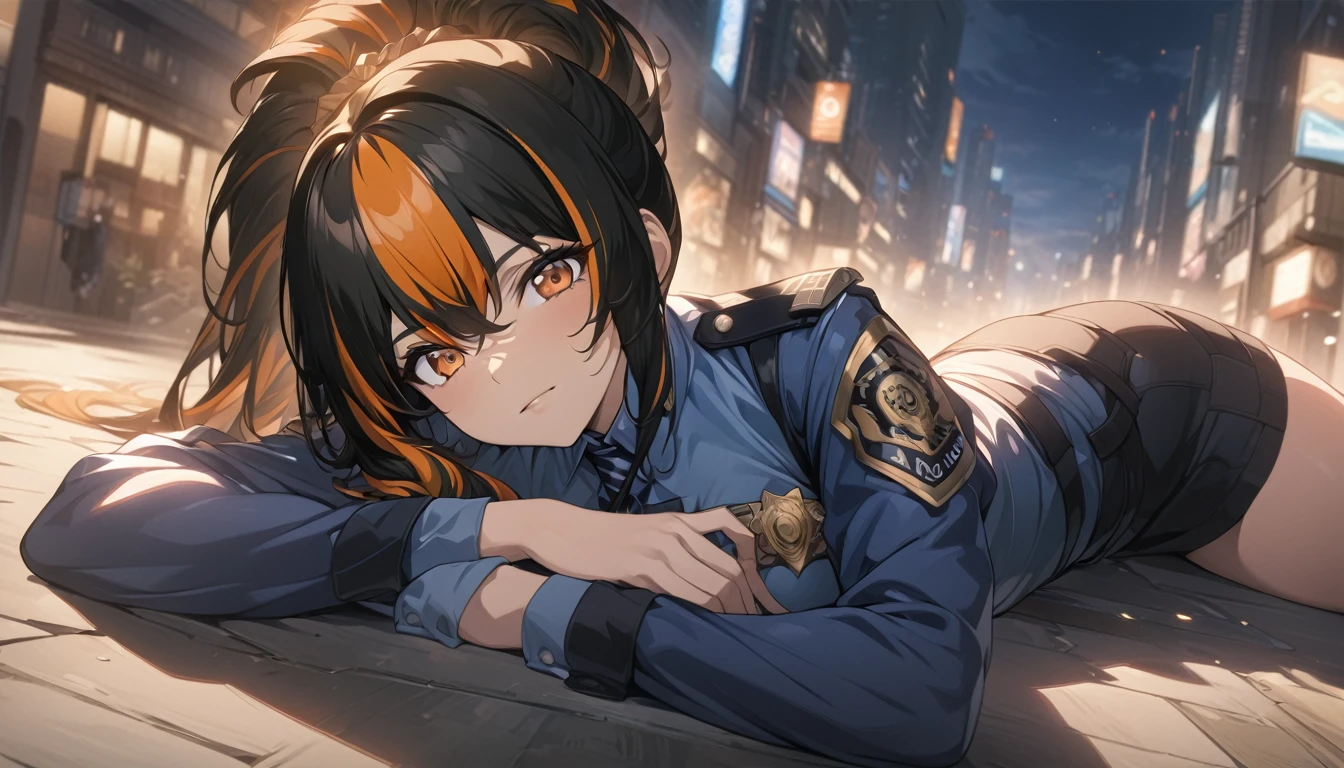 masterpiece，high resolution，Anime Art，Anime Numbers， 4k anime wallpaper，Soft Light，Radiant Skin，Looking at the camera，Solitary，An anime girl，Lying on the street，Black high ponytail，Striped hair，Orange Eyes，Slim police uniform，Modern City，Night Sky