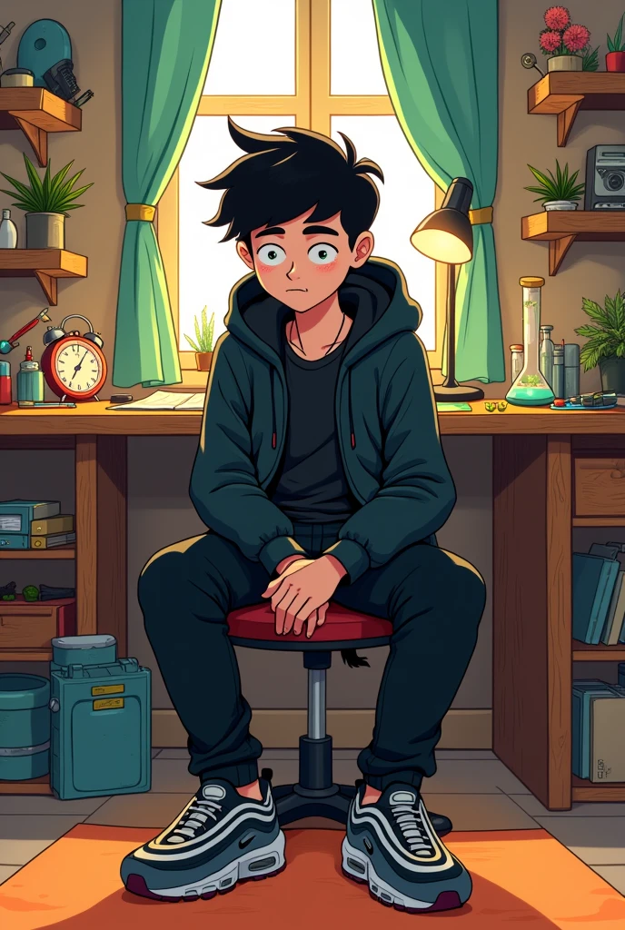 Fairly OddParents style: boy smoking marijuana sitting alone in a home studio basic clothing, black kangaroo jacket, black jean, nike air max 97