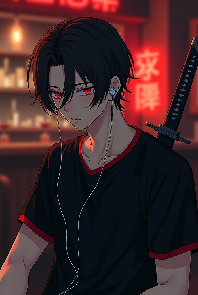 A disappointed male character with red eyes, black hair combed into two parts, a black t-shirt with red details, and a katana is listening to music using airpods in front of the bar