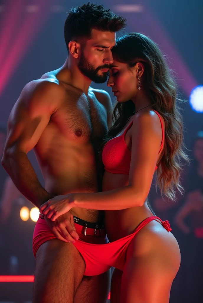 A young Puerto Rican man hairy bearded strong muscular red underwear bulge bulge, having his underwear pulled open examined by a beautiful woman in red panties in front of him, in performance on a stage of a television program presented by a famous presenter.