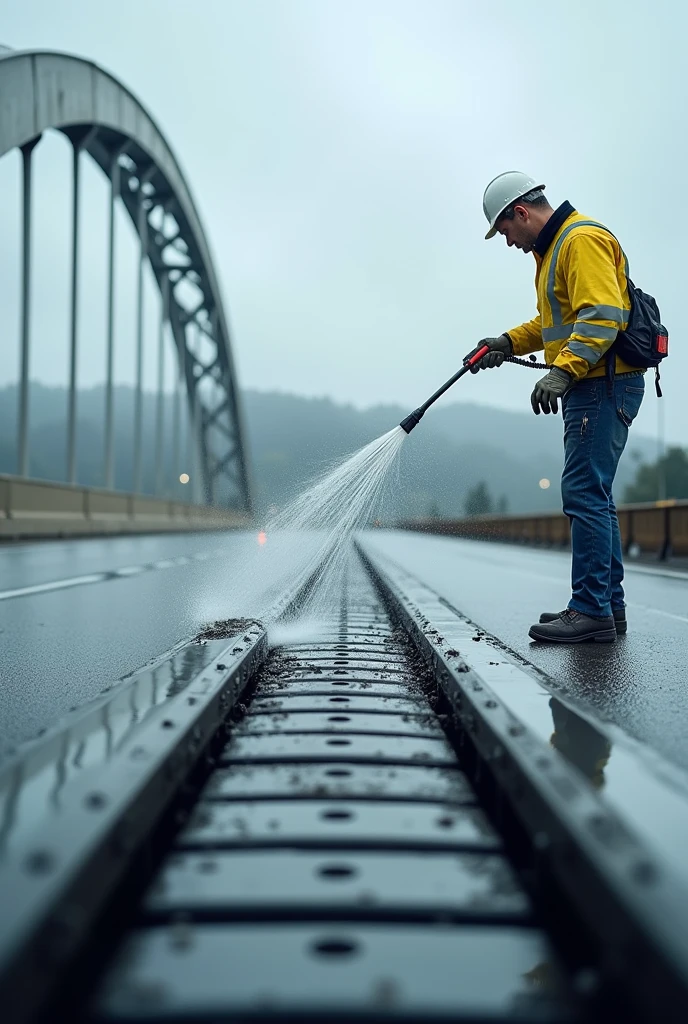A clearner cleaning an installed mageba modular expansion of having 11 Lamela joint on highway bridge by water spray 