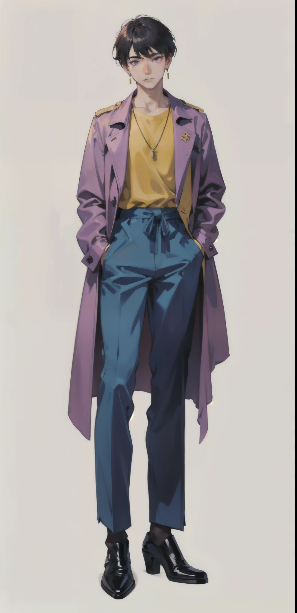 Boy, single, black shoes, pants, hands in pockets, black hair, full body, shirt, background simple, looking at the audience, standing, earrings, jewelry, white background, purple eyes, black heels, purple trench coat, yellow shirt
