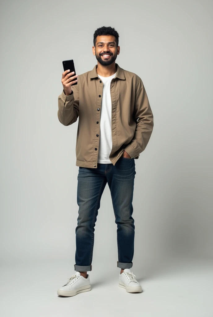 A person standing confidently against a plain backdrop, holding a smartphone in one hand. The background is neutral, allowing focus on the person, who is casually dressed, smiling, and ready to engage the audience.