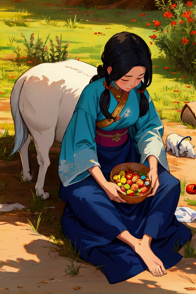 Tibetan mother and daughter grazing