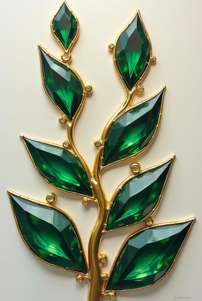 Acrylic painting where earrings are painted. Stem made of gold and 3 leaves outlined in gold from green stones, the stones are small, the stones are facing upwards , 3 stones around the stem made of gold instead of leaves 3 green stones of angular shapes, these leaf-stones should be of different sizes and 3 each


