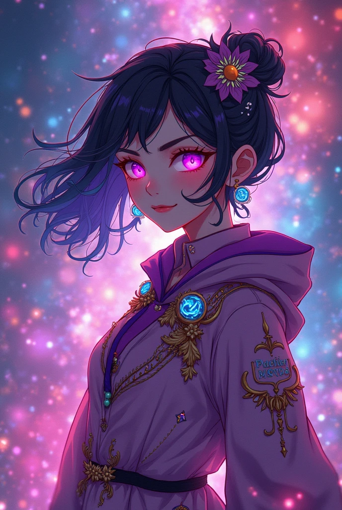 (
Make anime character with magenta eye and background seen is galaxy. With very beautiful outfit. Tom boy type and genz. Add background more colourfull