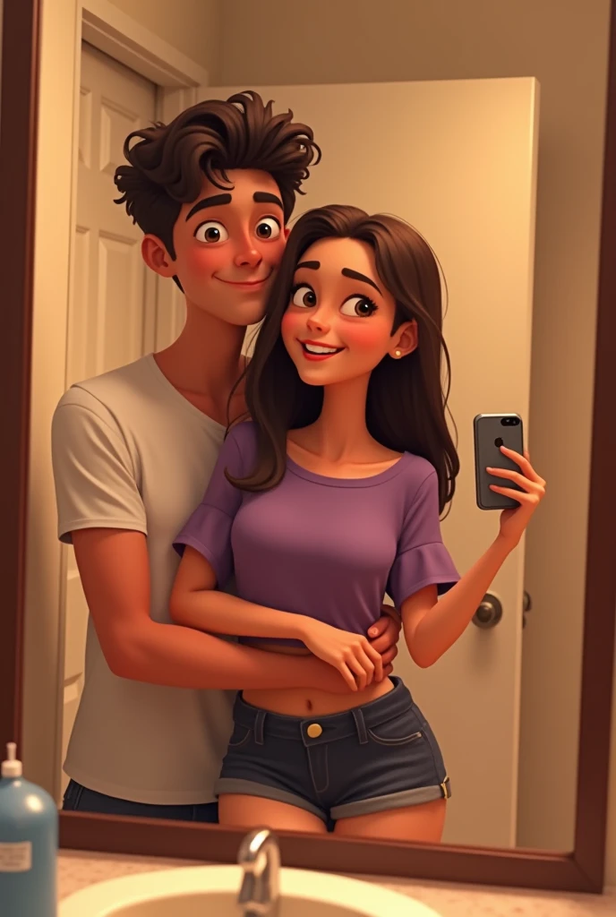 Pixar-style image of a couple taking a photo in the bathroom mirror, The woman is smiling and taking the photo with her cell phone, She is wearing a purple blouse , The young man has dark curly hair, with a cut that leaves the sides shorter and volume on top. He has a slim build and is wearing a white T-shirt.. His skin tone is light, and although it is in profile, You can see that he is taller than the young woman.
The young woman has long, straight hair., coffee colored. Her skin is also light. She is wearing a short T-shirt that reveals part of her abdomen., and appears to be wearing dark shorts. He has a slim build and is smiling broadly.. The young man is turning his back to the mirror , while the girl does not, the young man is hugging her
