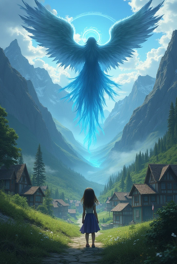 A town with mountains around it, a girl among the mountains and a blue evil angel with wings emerging from the depths of the earth