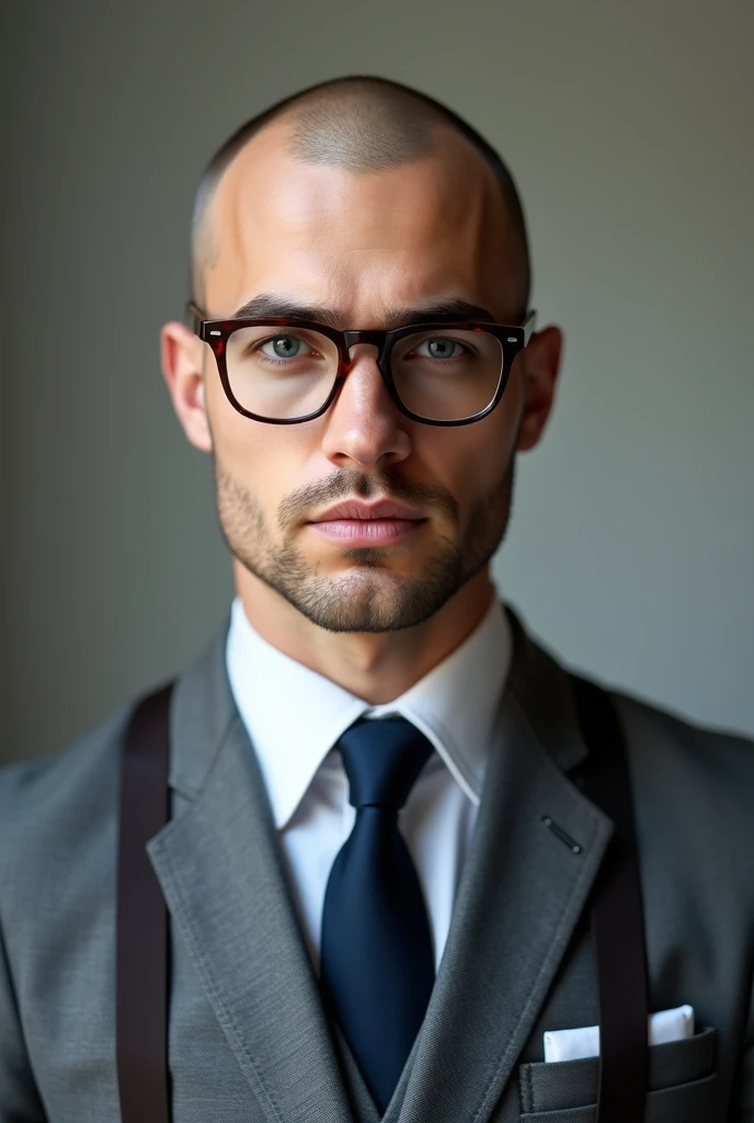 Young bald white man with crystal blue glasses and brown lenses and wearing a grey wool woven suit and a dark blue tie and suspenders 