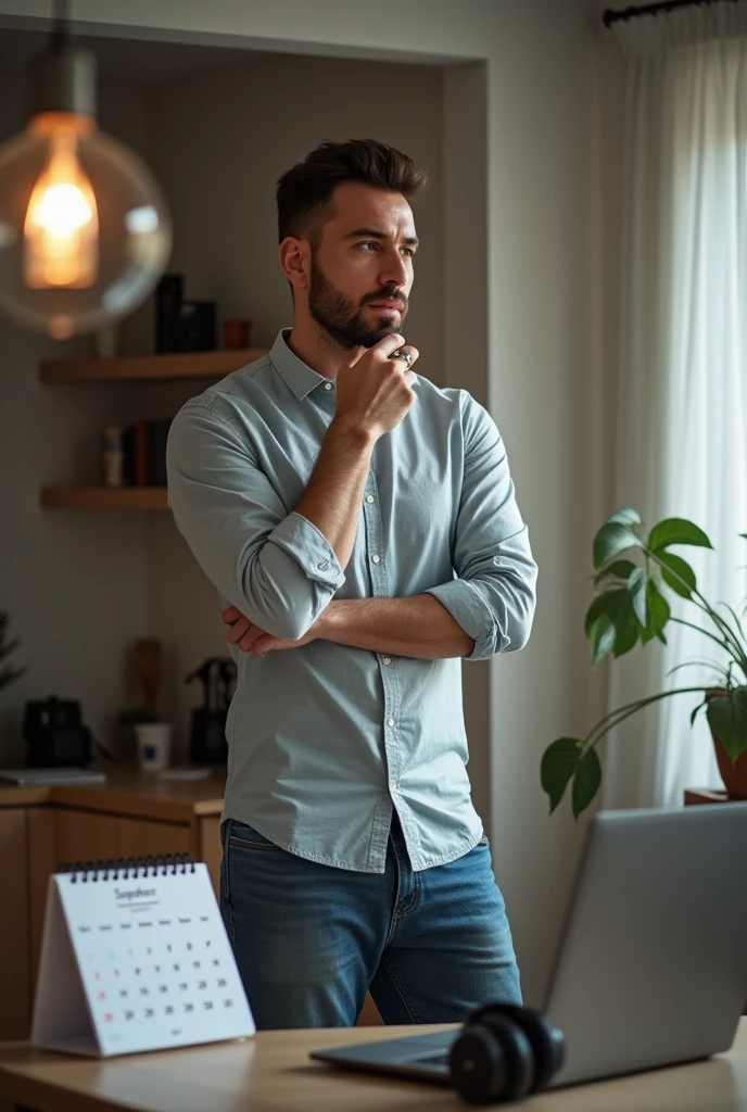 A man stands against the wall and looks at the calendar; the month on the calendar is September. There is a laptop and headphones on the table nearby. Home environment. The man is wearing a shirt and jeans. Realistic photo