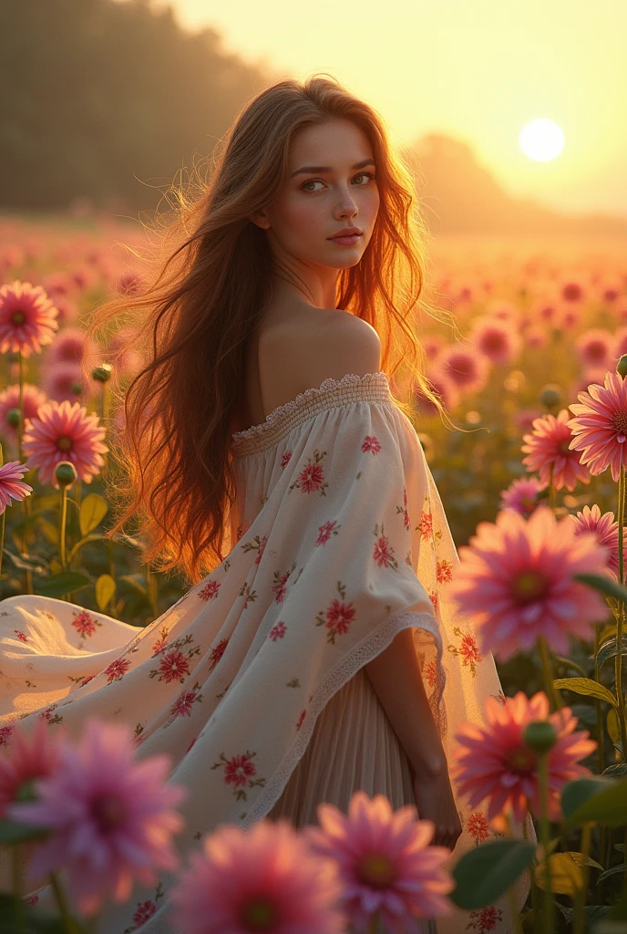 woman with Long hair, wearing long skirt, floral blanket in a field of Dahlia flowers, warm sun.
