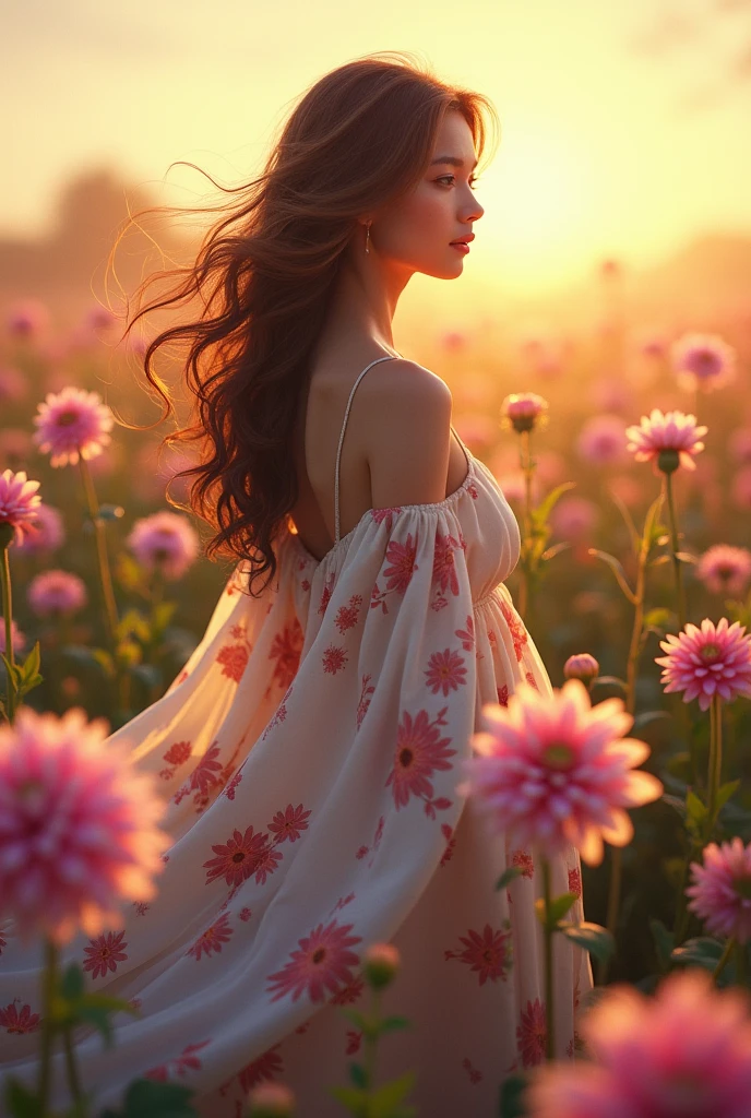 woman with Long hair, wearing long skirt, floral blanket in a field of Dahlia flowers, warm sun.