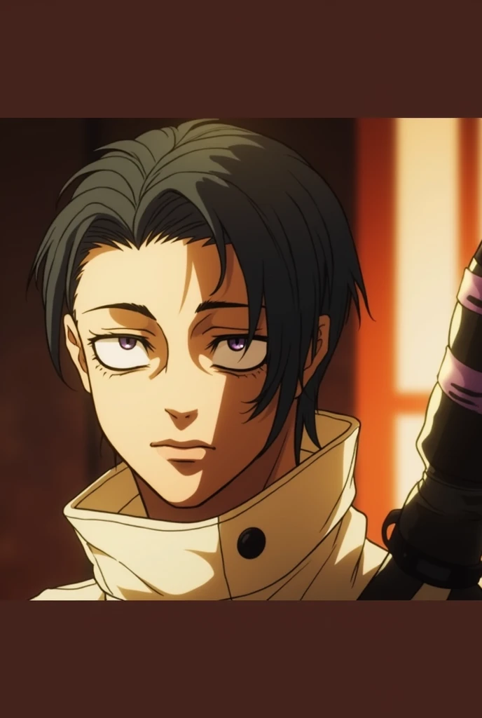 anime style, 16K, a high resolution, Best quality, high quality, super detailing, high detail, accurate, masterpiece, uhd, 1male, teenager boy, violet pupils, wide white turtleneck, violet hair, short hair, slicked back hair, tired look, black and violet katana on back, look at the viewer, pouches under the eyes, 