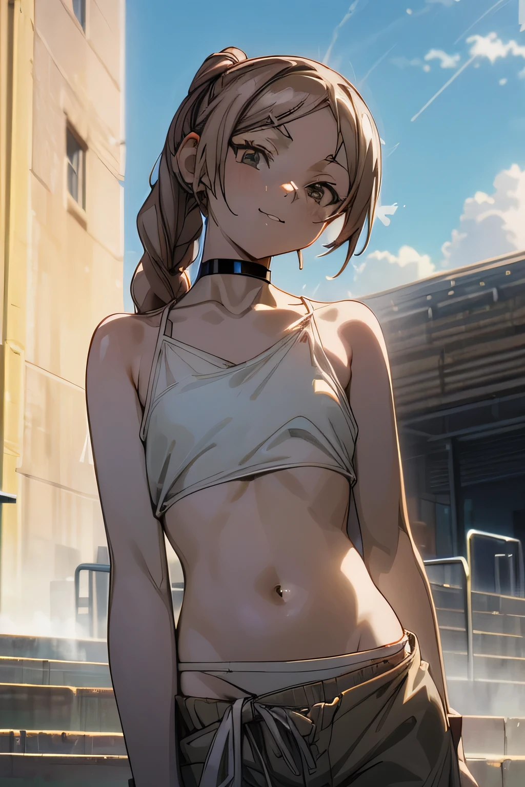 ((Masterpiece)), ((best quality)), (Anime:1.5), (RAW photo:1.2),smile,(High Definition:1.3), (Professional Photography:1.2), 1girl, (smug), (Glossy lips), upper body, looking at viewer, (loose bikini top), O-ring, braid, ((loose pants pull up)), choker, pale brown hair, small breast, cute hips, (mist effect:1.3), (on the steps of a building:1.3),Cyber Punk