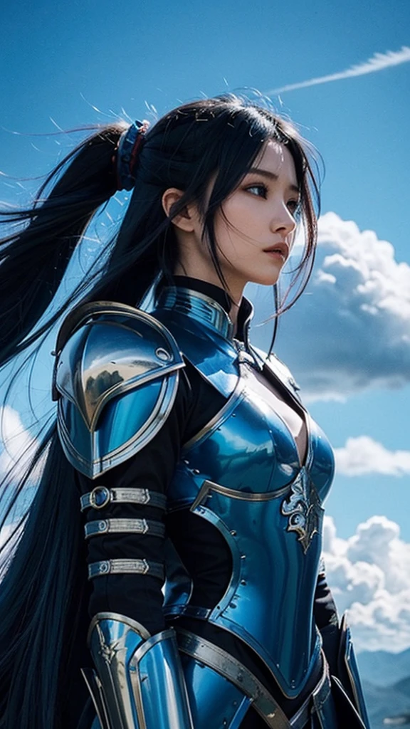 Blue dragon and blue armor、Female warrior with long blue hair、Being one with the dragon、Maintain a strong feminine feel、Cliff、In the sky、cumulonimbus