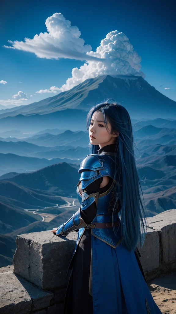 Blue dragon and blue armor、Female warrior with long blue hair、Being one with the dragon、Maintain a strong feminine feel、Cliff、In the sky、cumulonimbus