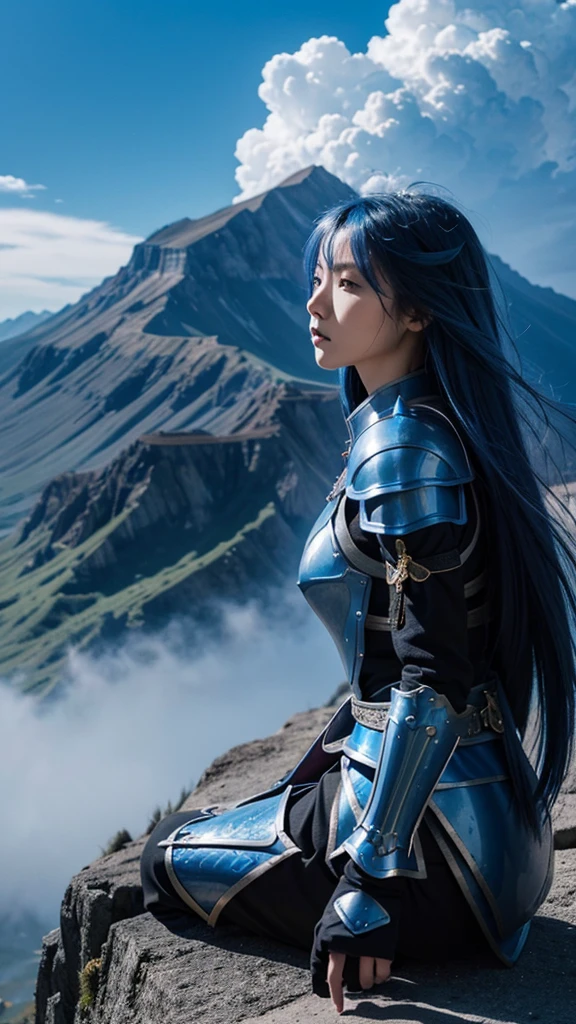 Blue dragon and blue armor、Female warrior with long blue hair、Being one with the dragon、Maintain a strong feminine feel、Cliff、In the sky、cumulonimbus