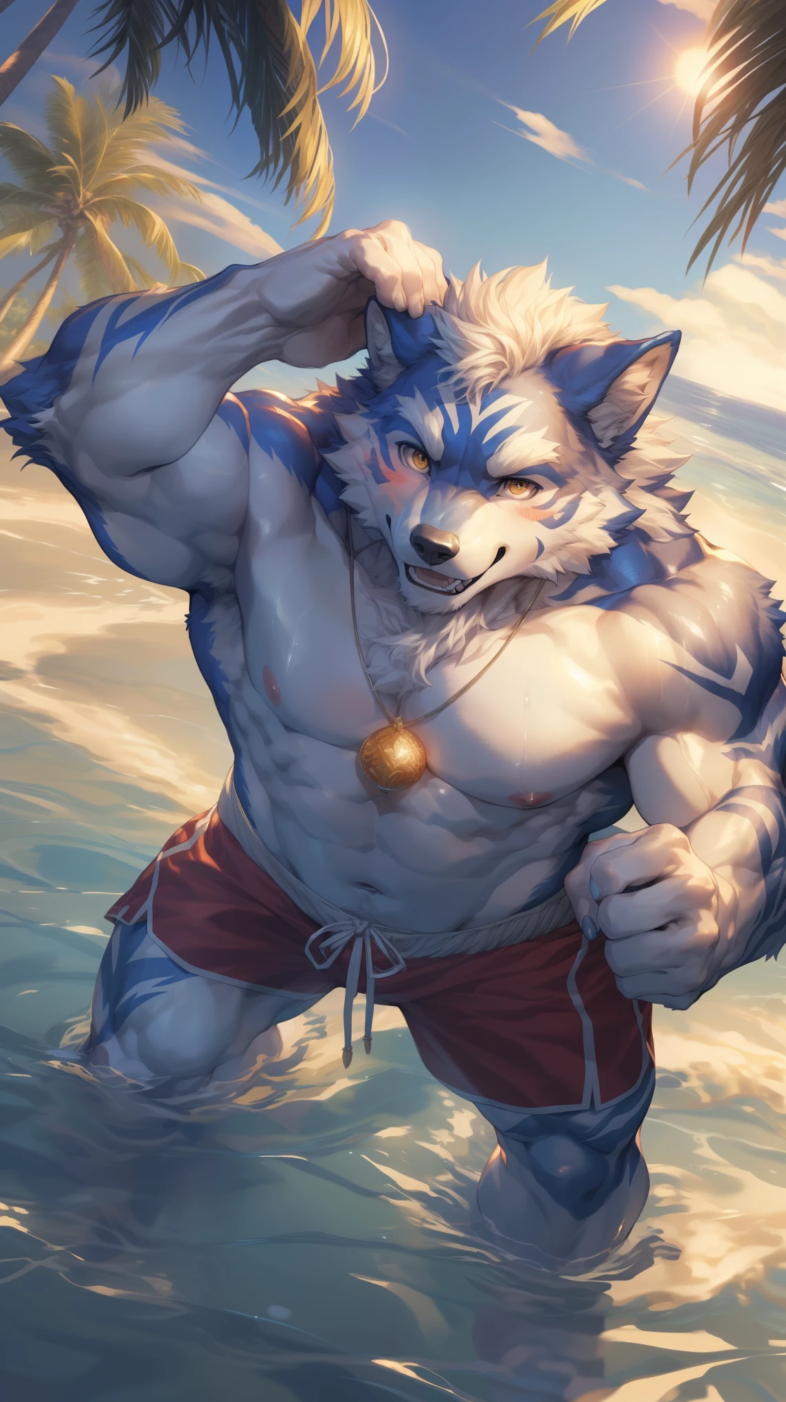 (By Empty Ghost, From thebigslick, By Dark Gem, Will chase), Keyuan Building (Onmyoji Daisenji Temple), High quality photos, Perfect anatomical structure, Anthropomorphic white wolf, male, 30 years old, (wolf print), Thick eyebrows, short hair, White Teeth, Strong body, Fat, White pectoralis major, White swimming trunks, Small bump, Pink milk clusters, Standing on the beach, Looking up, One hand raised above the head to block the sun, happy, blush, Golden pupils, Look up at the sky, Clear facial features, (Dynamic poses:1.5), Strong, solitary, (Top view:1.5), noon, sunny, Coconut Tree, Water waves, (By Empty Ghost, From wolf20, masterpiece, high quality, high resolution, 8k)