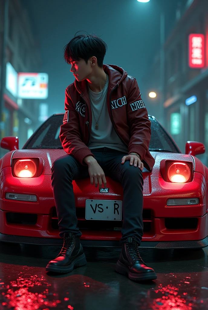 pict 4x4 ratio, a boy sitting on a car HONDA NSX R, with name NICHI on jacket, smoking, realistic artstyle, realism artstyle, e - boy, e-boy, realistic art style, striking detailed artstyle, photorealistic artstyle, photorealistic!!!!!!! art style, [ 4 k digital art ]!!, dark but detailed digital art