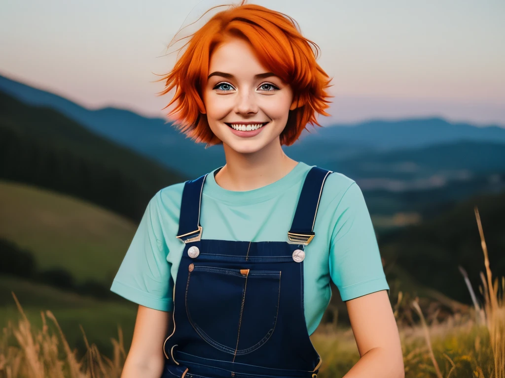 1girl, sxfrances, short hair, orange hair, green eyes, freckles, smile, red overalls, blue shirt, roll up sleeve, mountain, moon, (night:1.5), looking at viewer