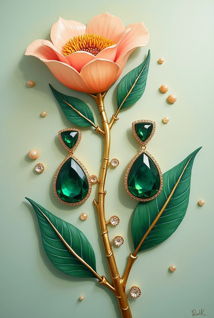 Acrylic painting where earrings are painted. Stem made of gold and 3 leaves outlined in gold from green stones, the stones are small, the stones are facing upwards , 3 stones around the stem made of gold instead of leaves 3 green stones of angular shapes, these leaf-stones should be of different sizes and 3 each


