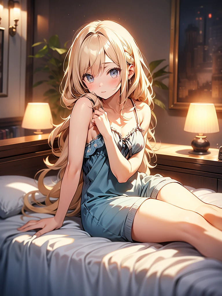 8k、best quality、masterpiece、Very detailed、Ultra-high resolution、((5-people))、5 girls、Blonde、Double tail、Medium chest、(((on the bed)))、blush、wearing camisole、Bare shoulders